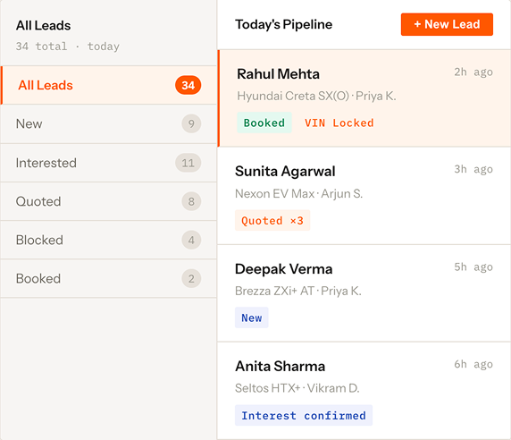 Lead pipeline interface with sales stages on mobile.