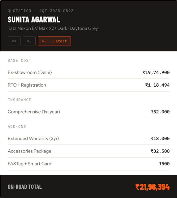 Quotation and invoice interface with itemized vehicle costs.